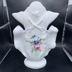 Vintage MCM Porcelain Hand Painted Floral Winged Bud Flower Vase Numbered